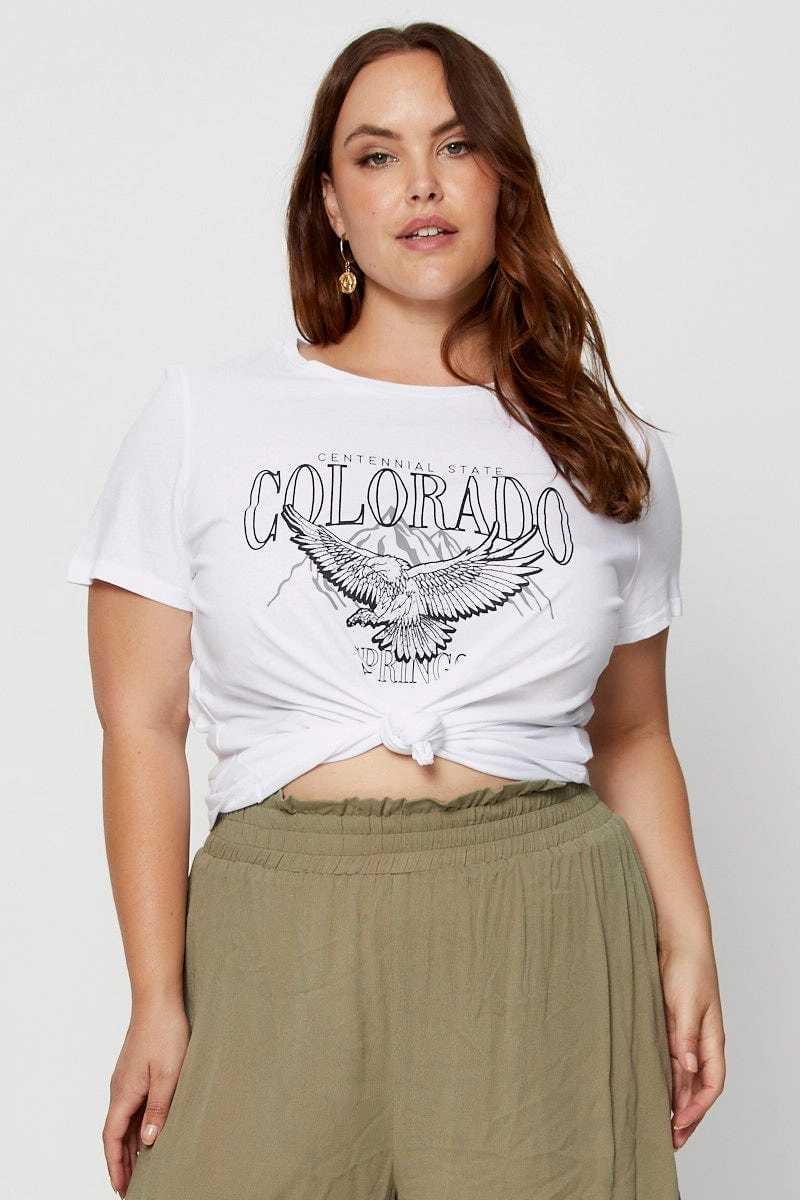 White Graphic T-shirt Crew Neck Short Sleeve Cotton Weekend Style Trend Cozy Design Fit