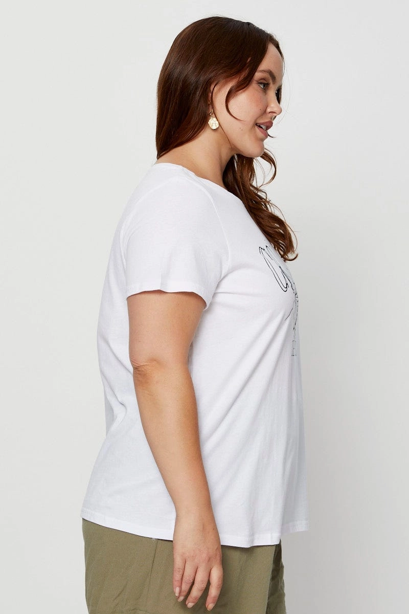 Breathable Design Everyday Comfort White Graphic T-shirt Crew Neck Short Sleeve Cotton
