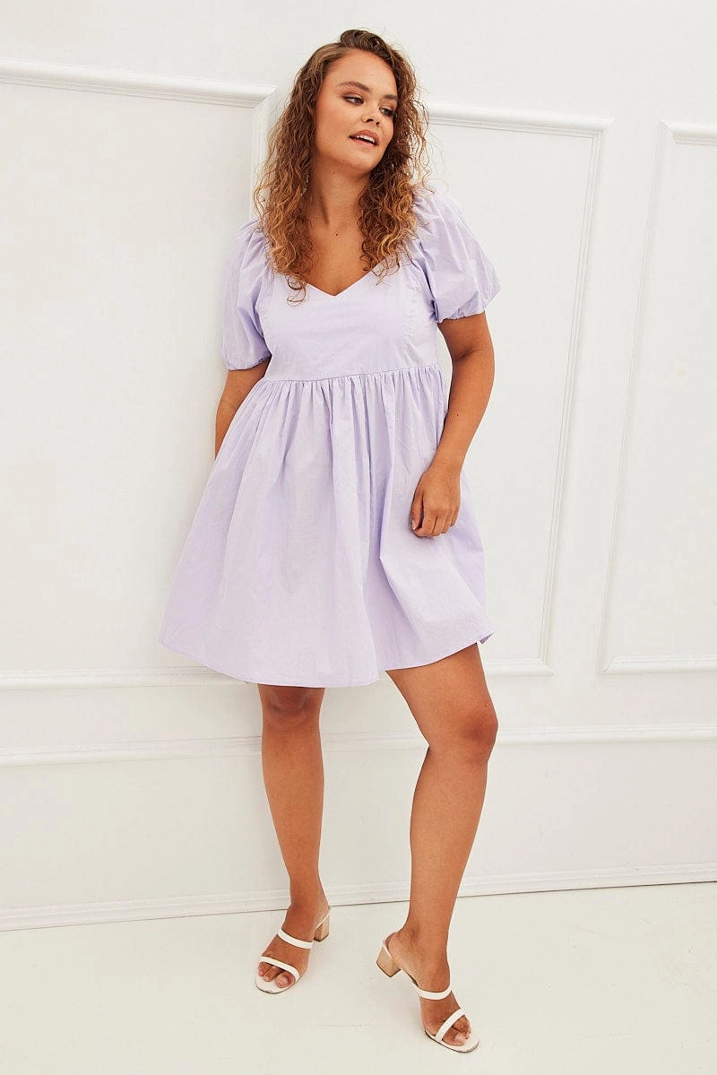 Purple Mini Dress Sweetheart Neck Puff Sleeve Party Soft Layering Pure Tone