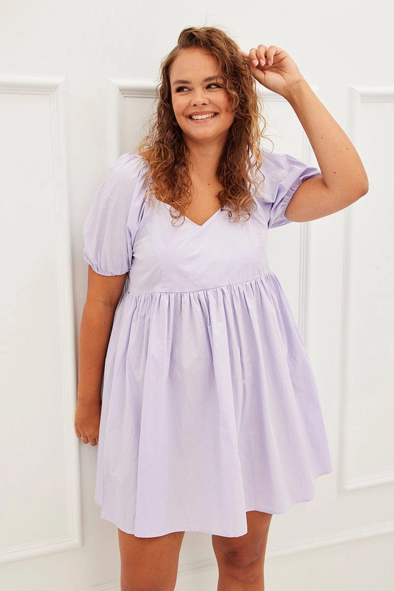 Purple Mini Dress Sweetheart Neck Puff Sleeve Party All-Day Fit
