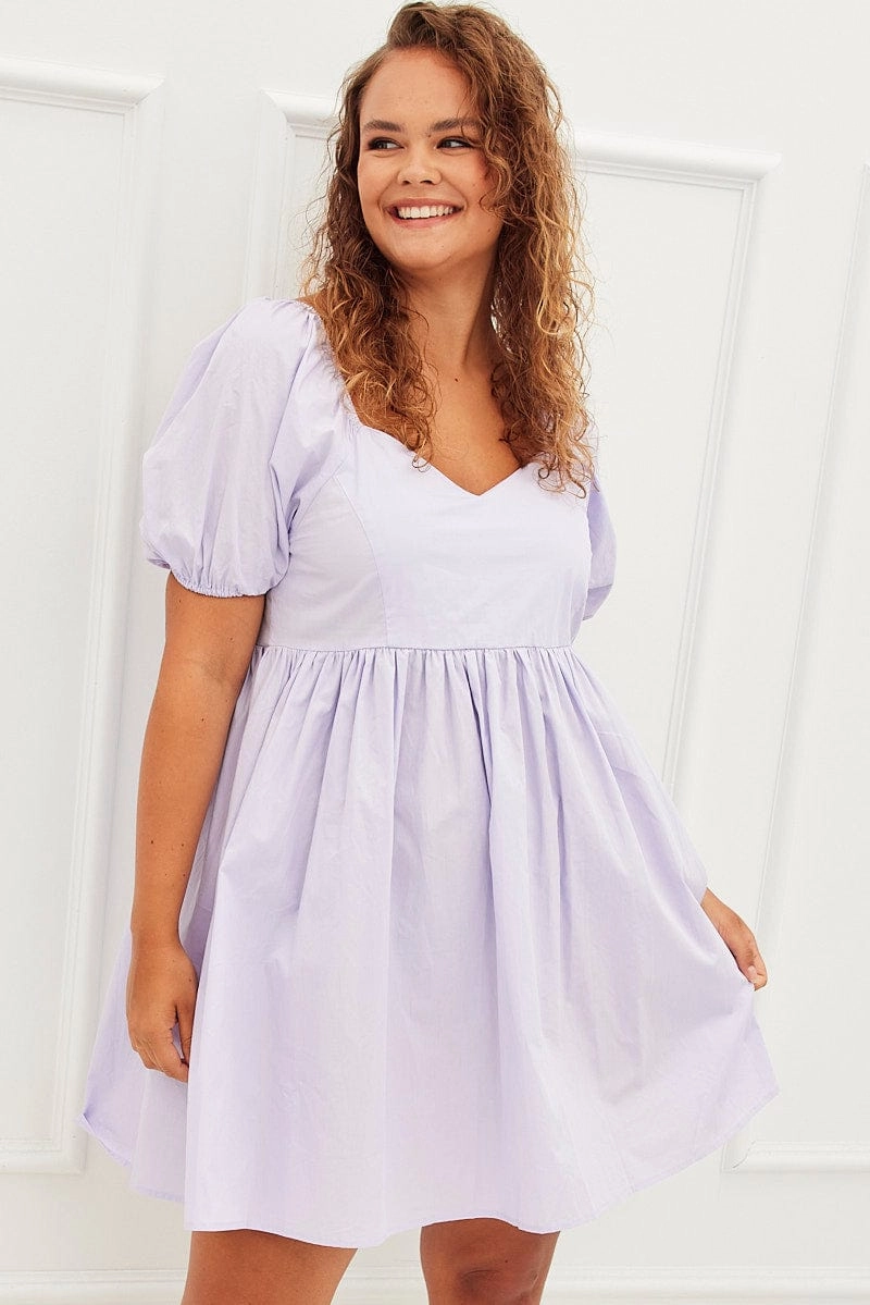 Trendy Waistband Purple Mini Dress Sweetheart Neck Puff Sleeve Party