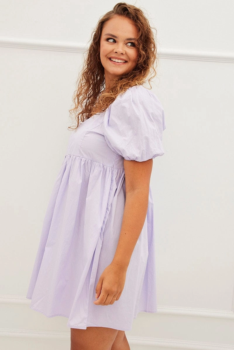 Purple Mini Dress Sweetheart Neck Puff Sleeve Party Bold Pattern