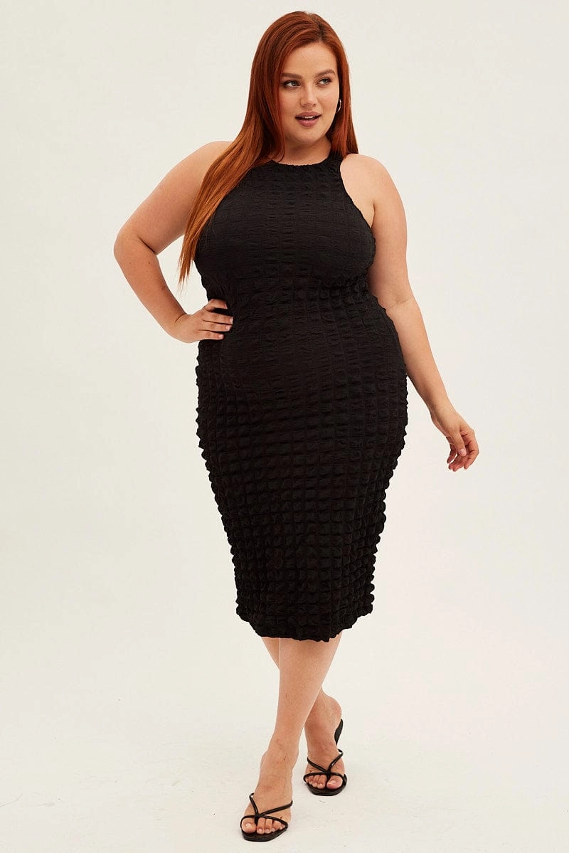 Perfect Proportion Black Knee Dress Stretch Bubble Texture