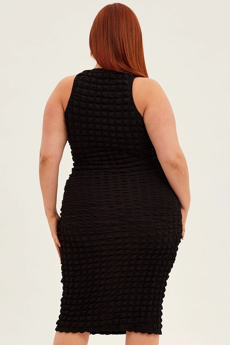 Black Knee Dress Stretch Bubble Texture Trendy Vibe