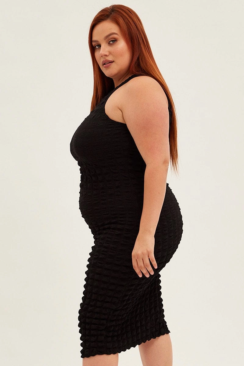 Black Knee Dress Stretch Bubble Texture Fresh Form Cute Touch