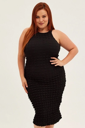 Black Knee Dress Stretch Bubble Texture Urban Feel