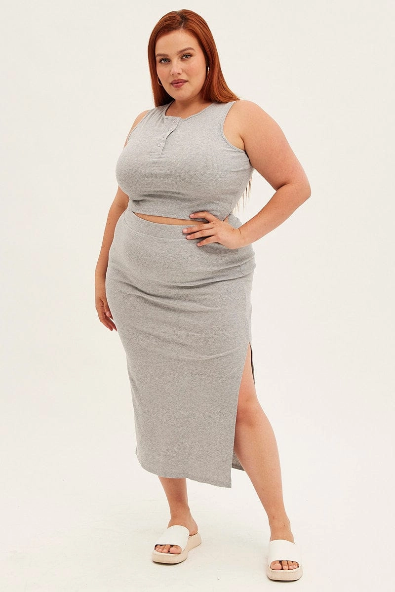 Light Edge Grey Midi Skirt Rib Elastic Waist Bodycon