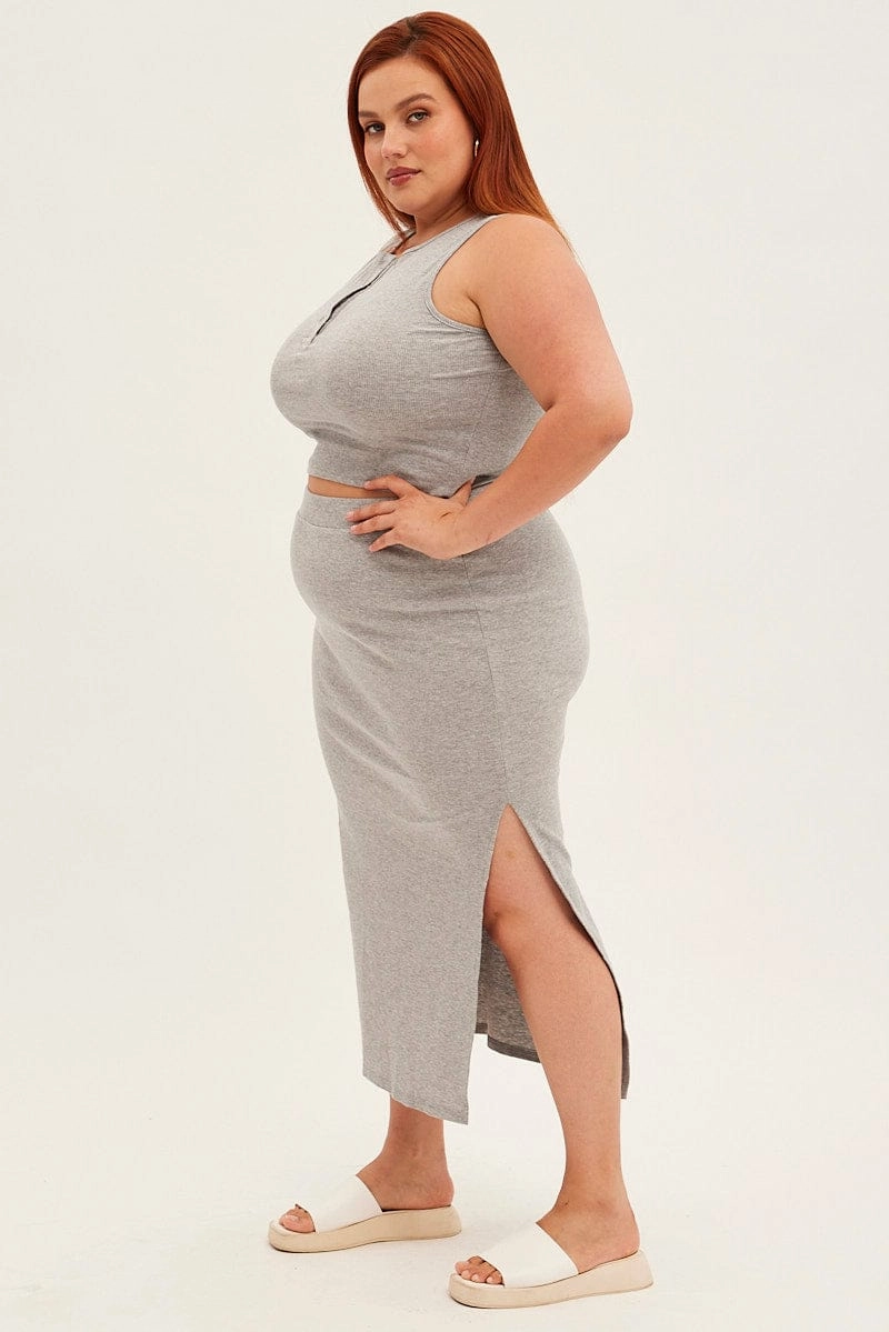 Grey Midi Skirt Rib Elastic Waist Bodycon Modern Luxe