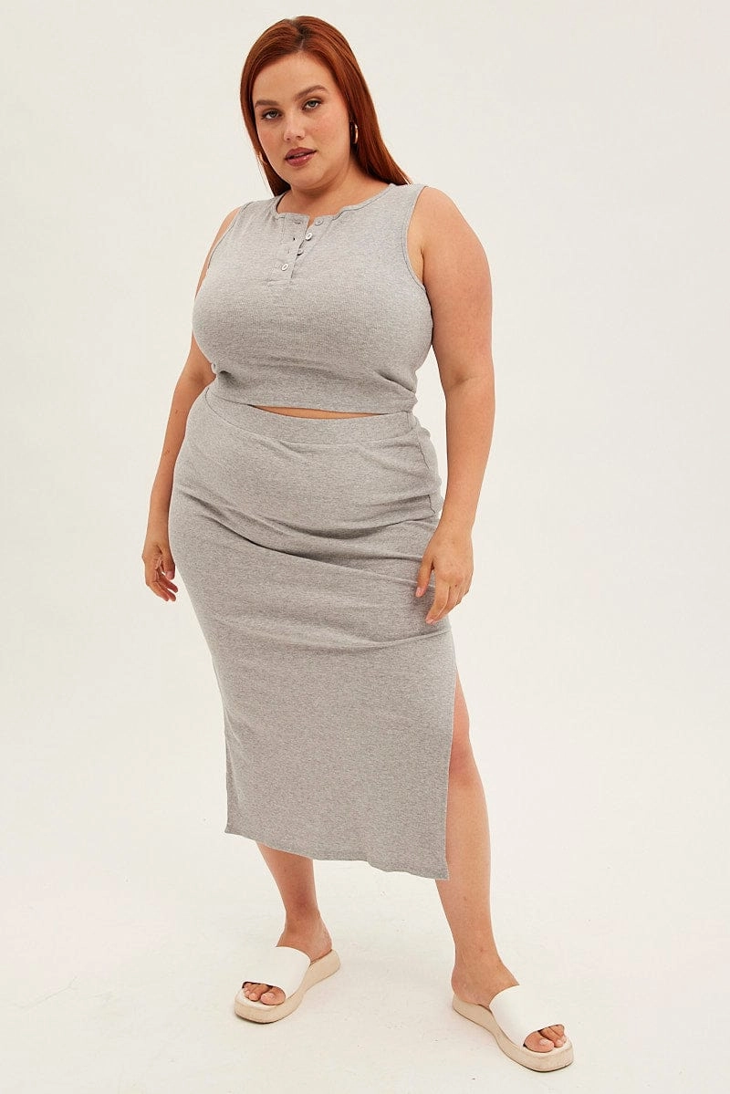 Elasticized Cuff Layered Design Grey Midi Skirt Rib Elastic Waist Bodycon