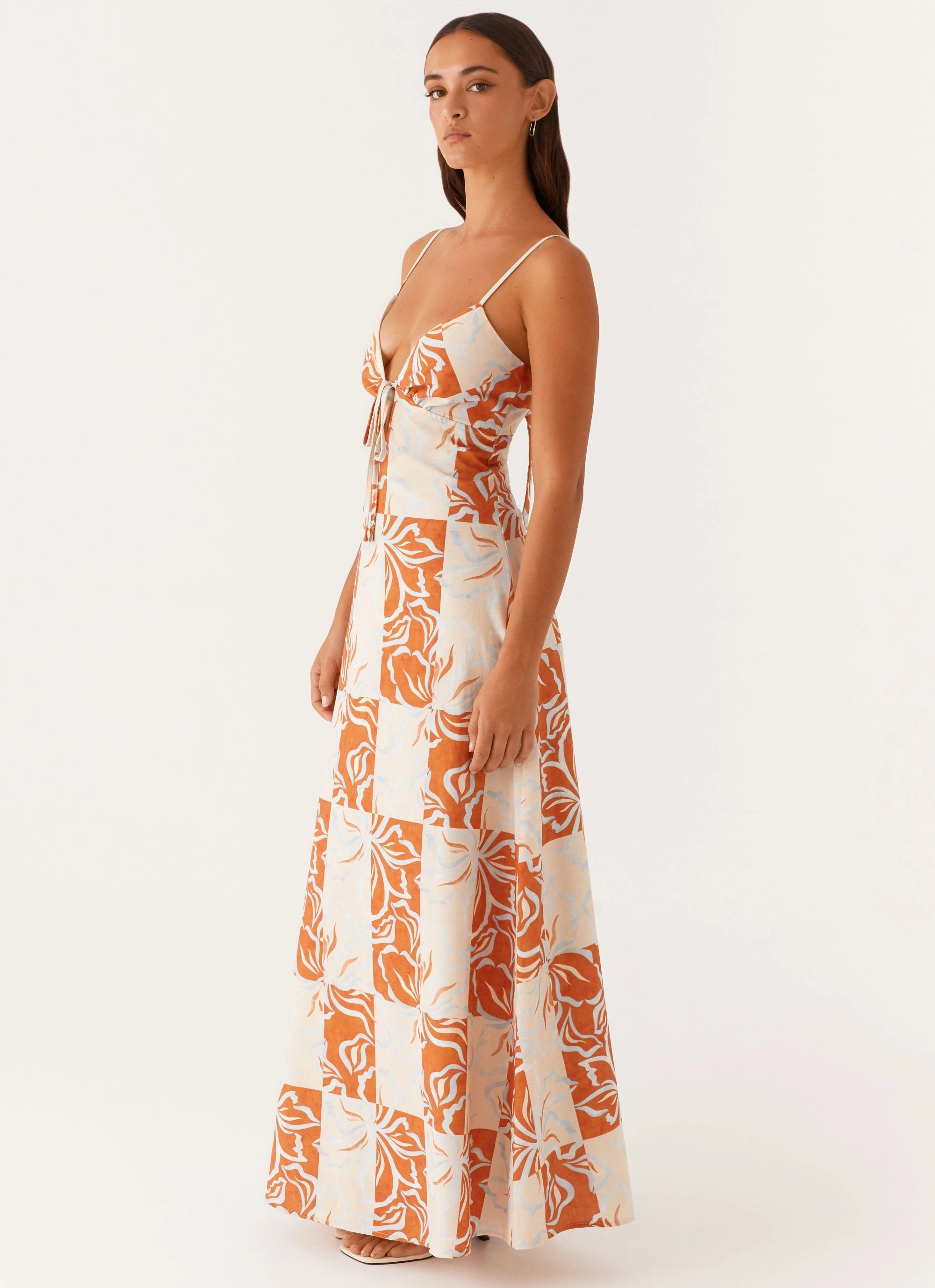 Vibrant color dress Side Slit Flora Linen Maxi Dress - Orange Blue Floral