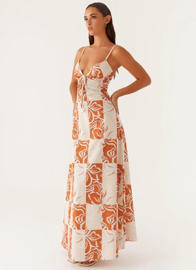 City Style Flora Linen Maxi Dress - Orange Blue Floral