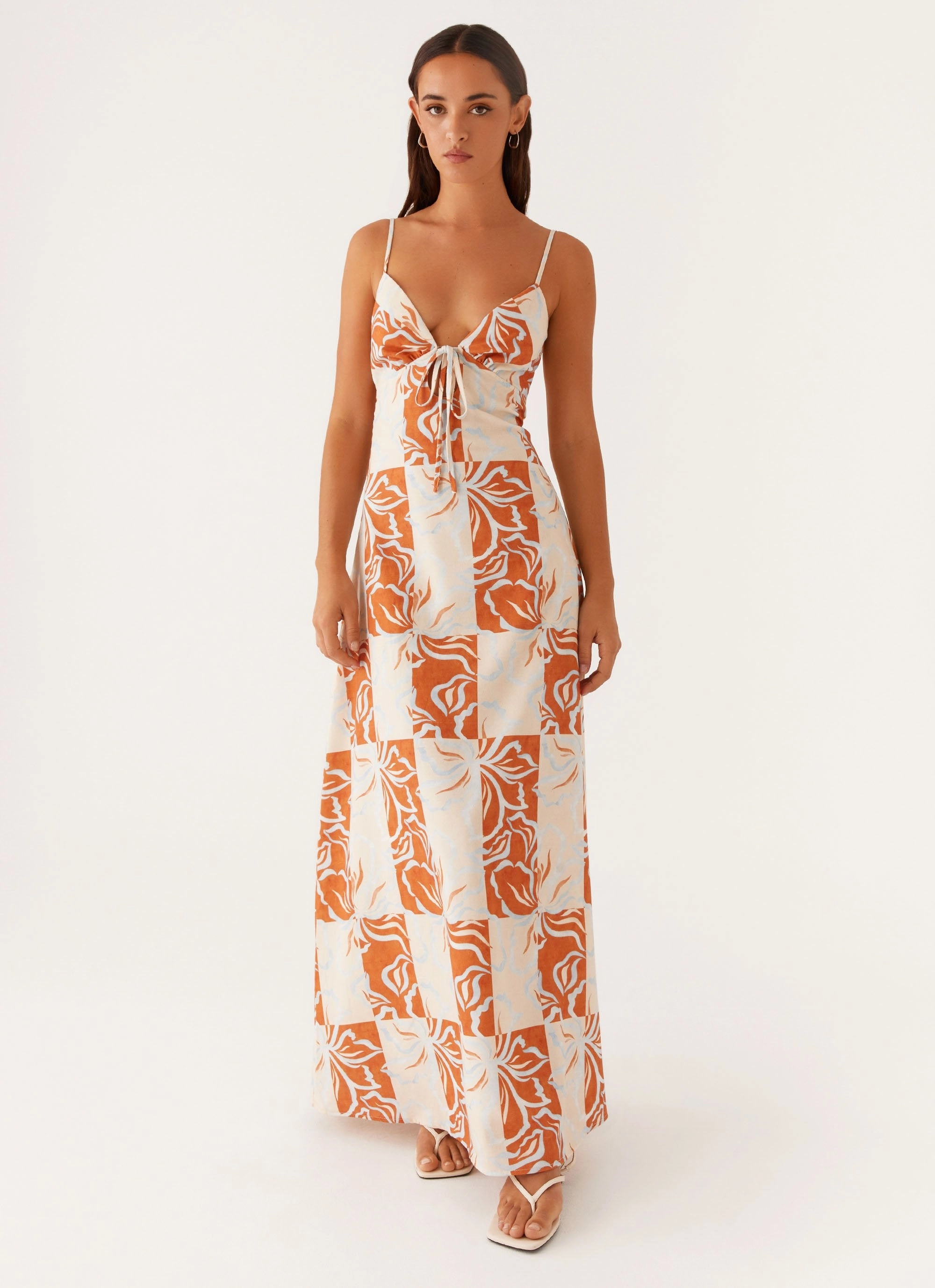 Flora Linen Maxi Dress - Orange Blue Floral Tailored-fit