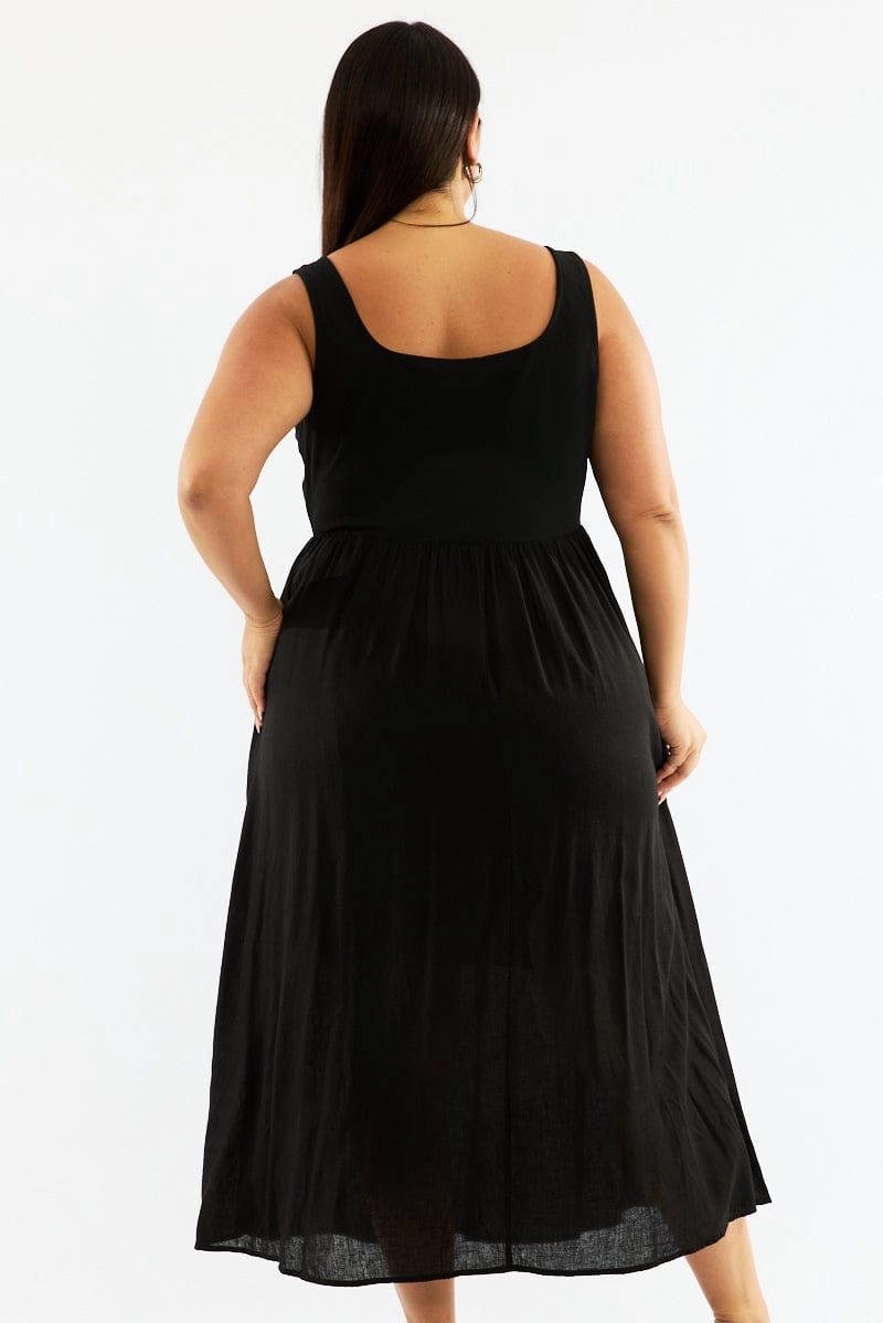 Black Midi Dress Sleeveless Scoop Neck Linen Blend Bow-Detail