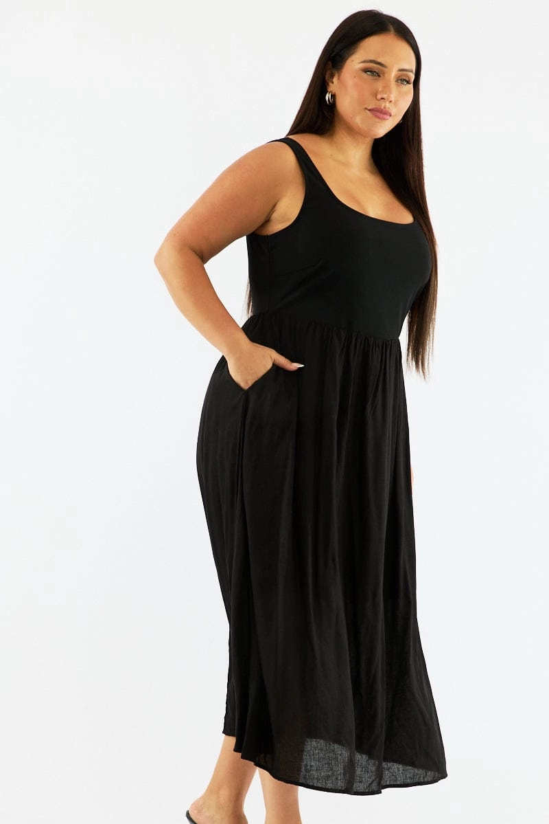 Petite Chic Black Midi Dress Sleeveless Scoop Neck Linen Blend