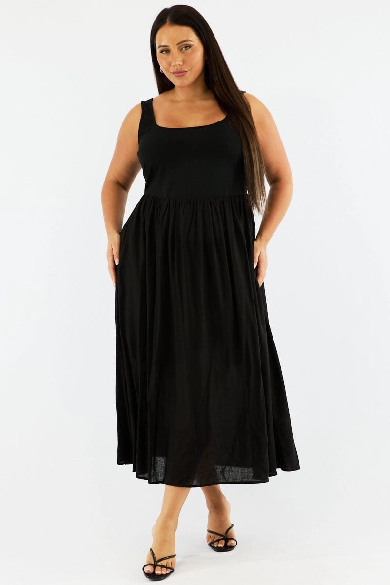 Black Midi Dress Sleeveless Scoop Neck Linen Blend Euro Ease Timeless slip dress