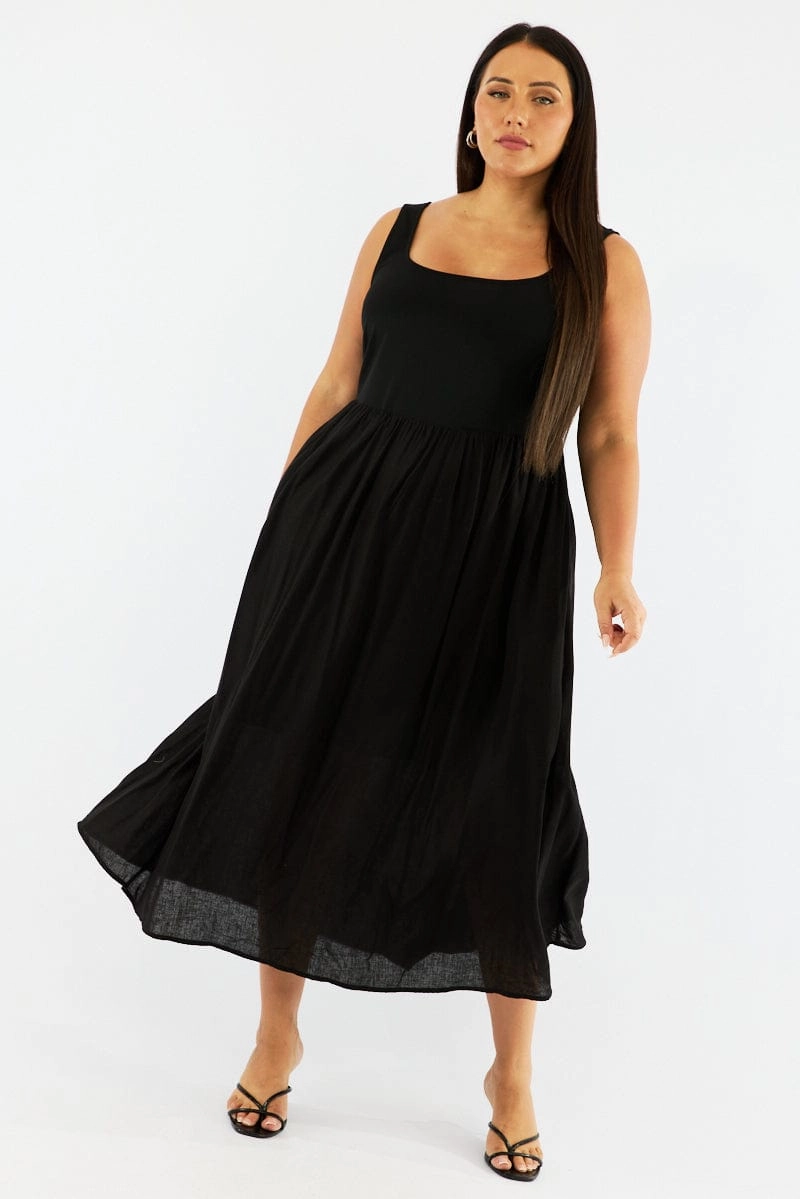 Versatile Cut Black Midi Dress Sleeveless Scoop Neck Linen Blend