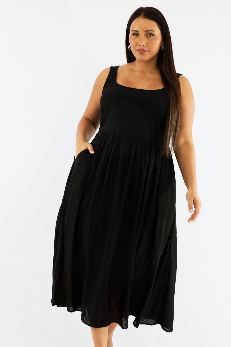 Black Midi Dress Sleeveless Scoop Neck Linen Blend Glamorous look Soft Tone