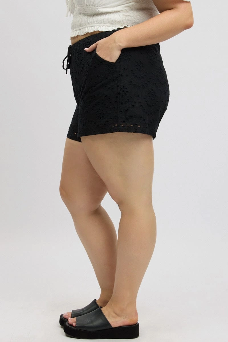 Black Eyelet Lace Drawstring Shorts Adaptive design Travel Clothing