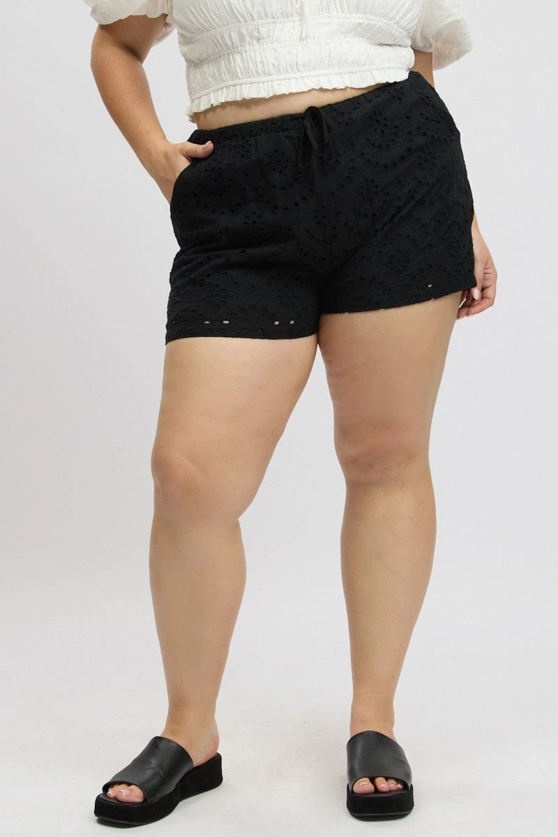Relaxed Fit Black Eyelet Lace Drawstring Shorts