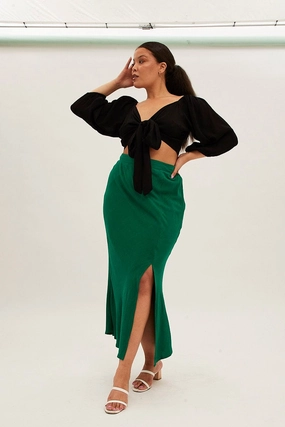 Green Midi Skirt Elastic Waist Split Side Linen Blend garden party Collaboration Piece