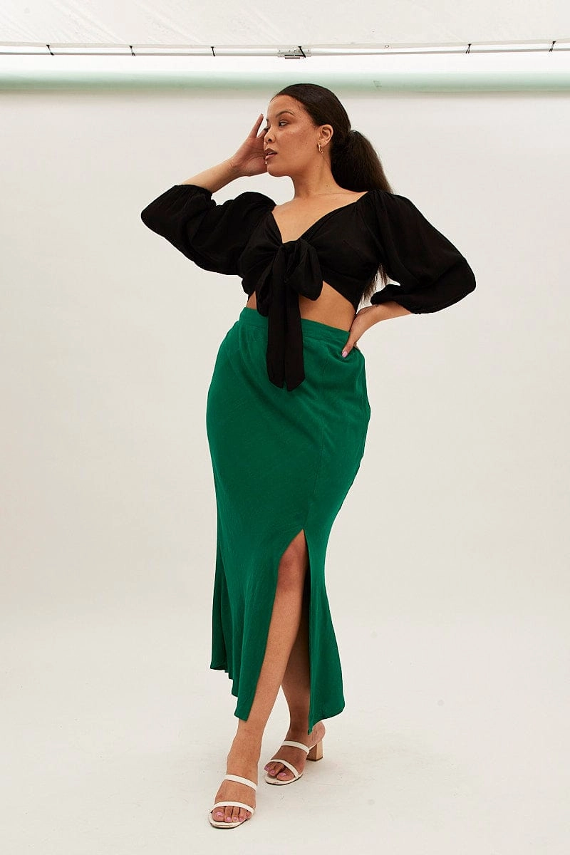 Green Midi Skirt Elastic Waist Split Side Linen Blend garden party Collaboration Piece