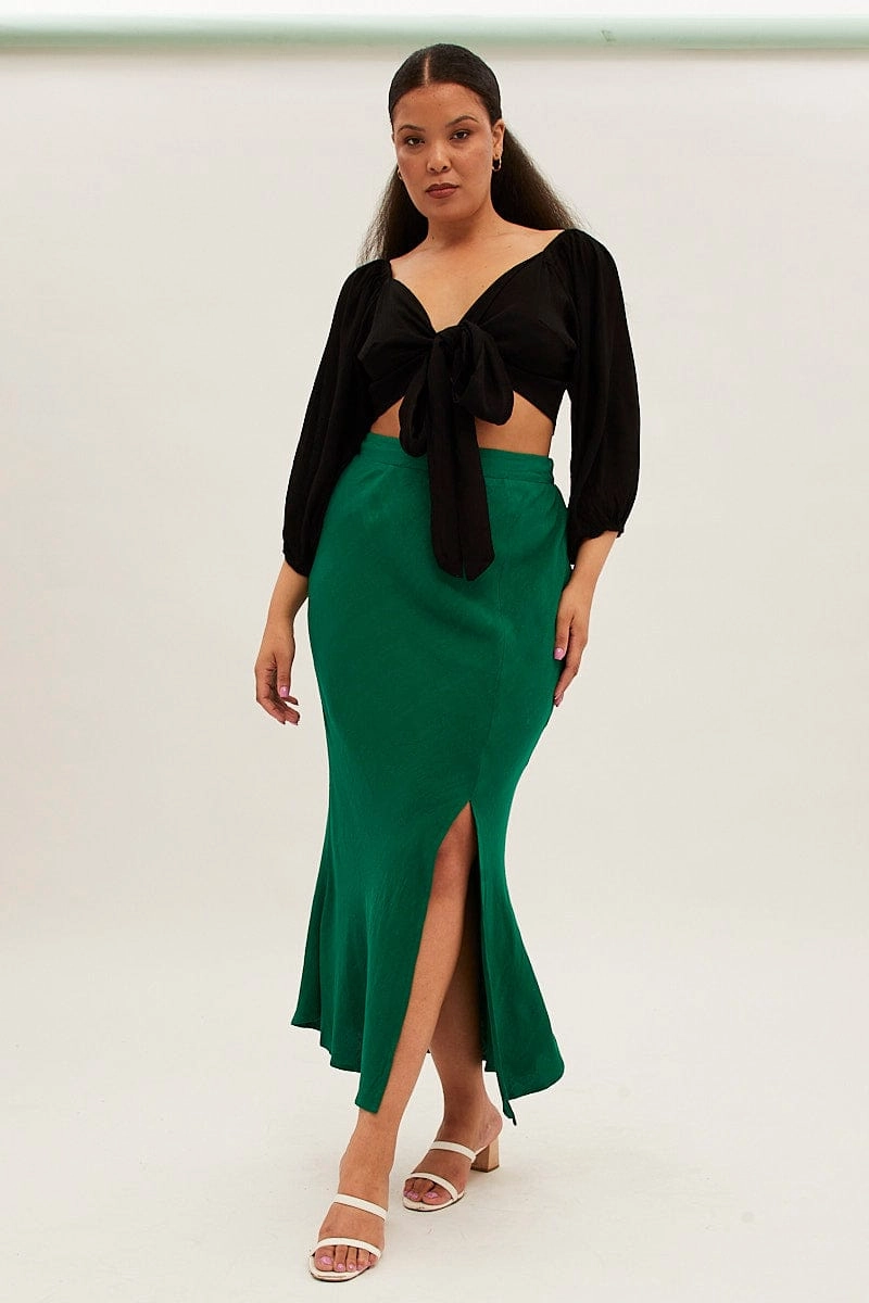 Green Midi Skirt Elastic Waist Split Side Linen Blend Exclusive Drop garden party