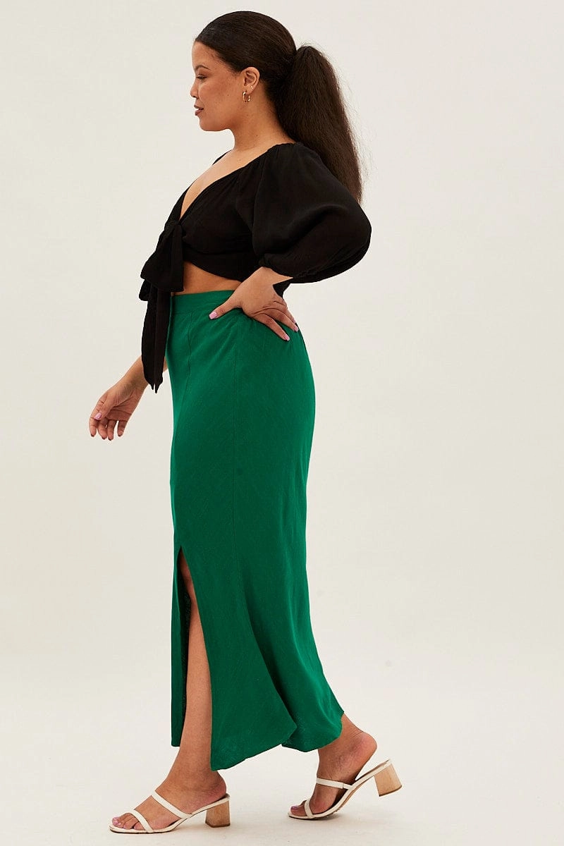 Green Midi Skirt Elastic Waist Split Side Linen Blend Easy Outfit Relaxed Vibes