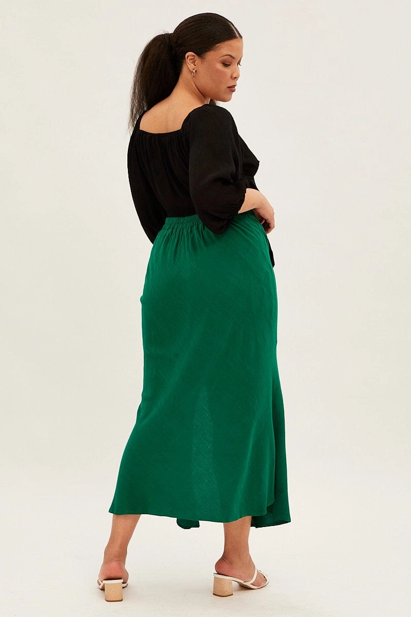 Stretch Material Green Midi Skirt Elastic Waist Split Side Linen Blend