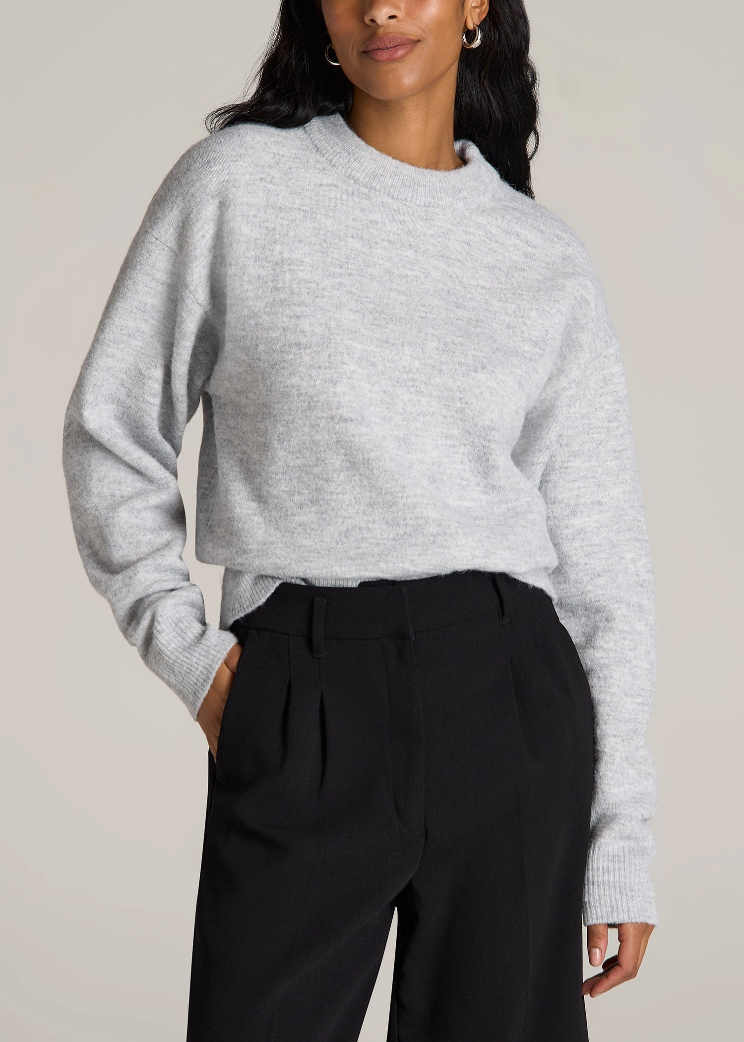 Relaxed Crewneck Wool Blend Tall Women's Sweater in Grey Mix Layering Piece product date night charm