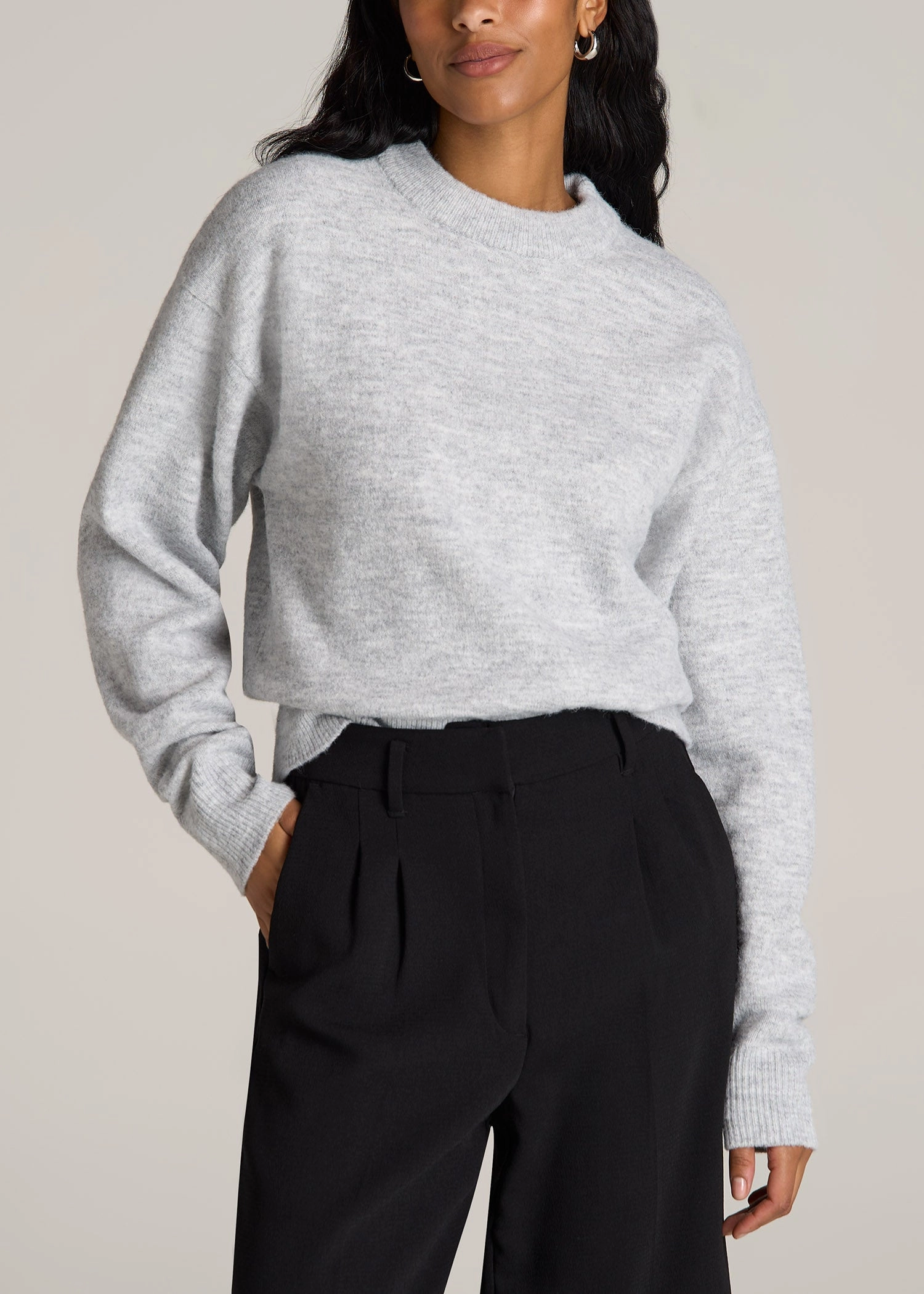 Classic Layering Relaxed Crewneck Wool Blend Tall Women's Sweater in Grey Mix