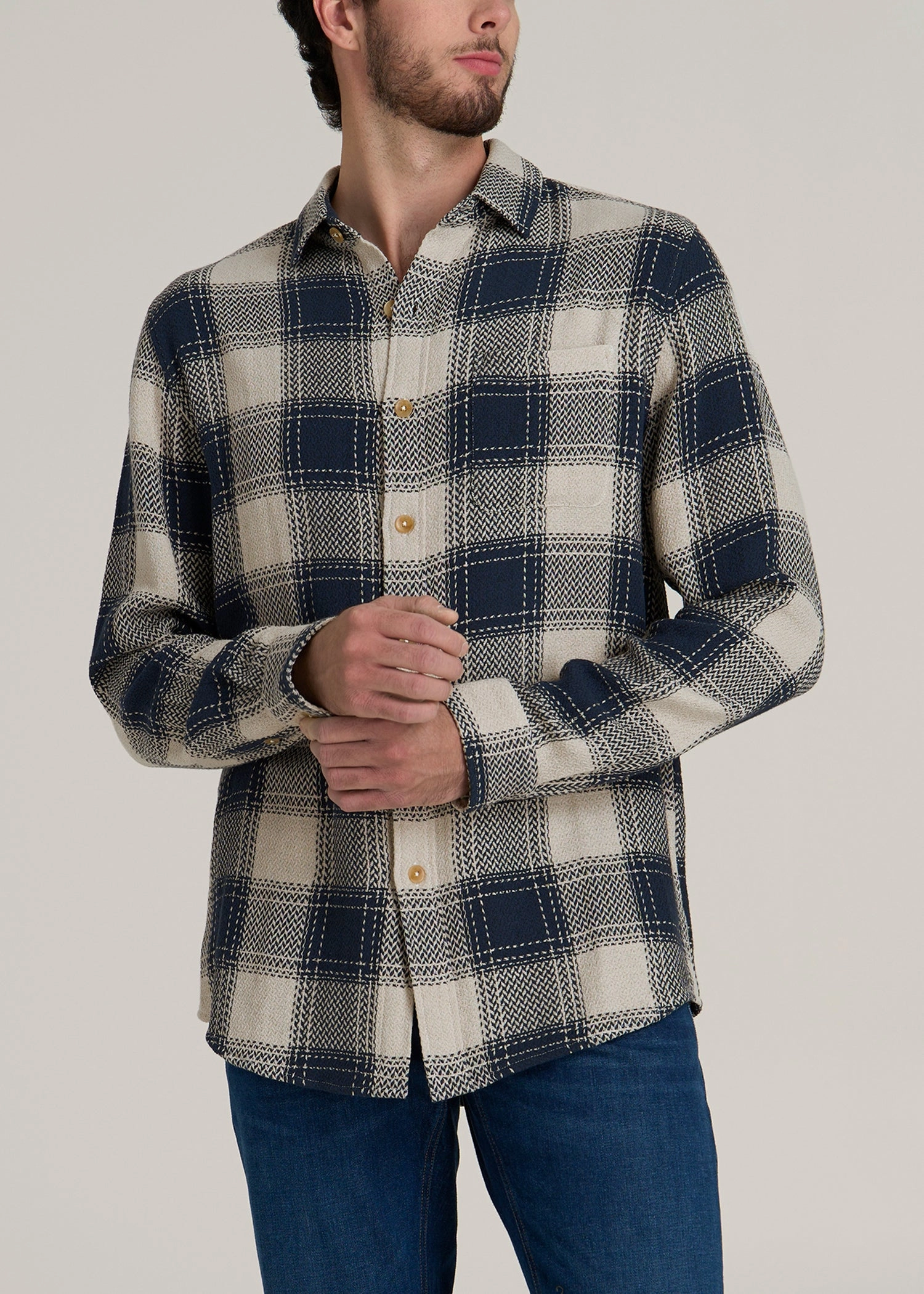 Garment Washed Lightweight Woven Overshirt for Tall Men in Navy and Beige Plaid