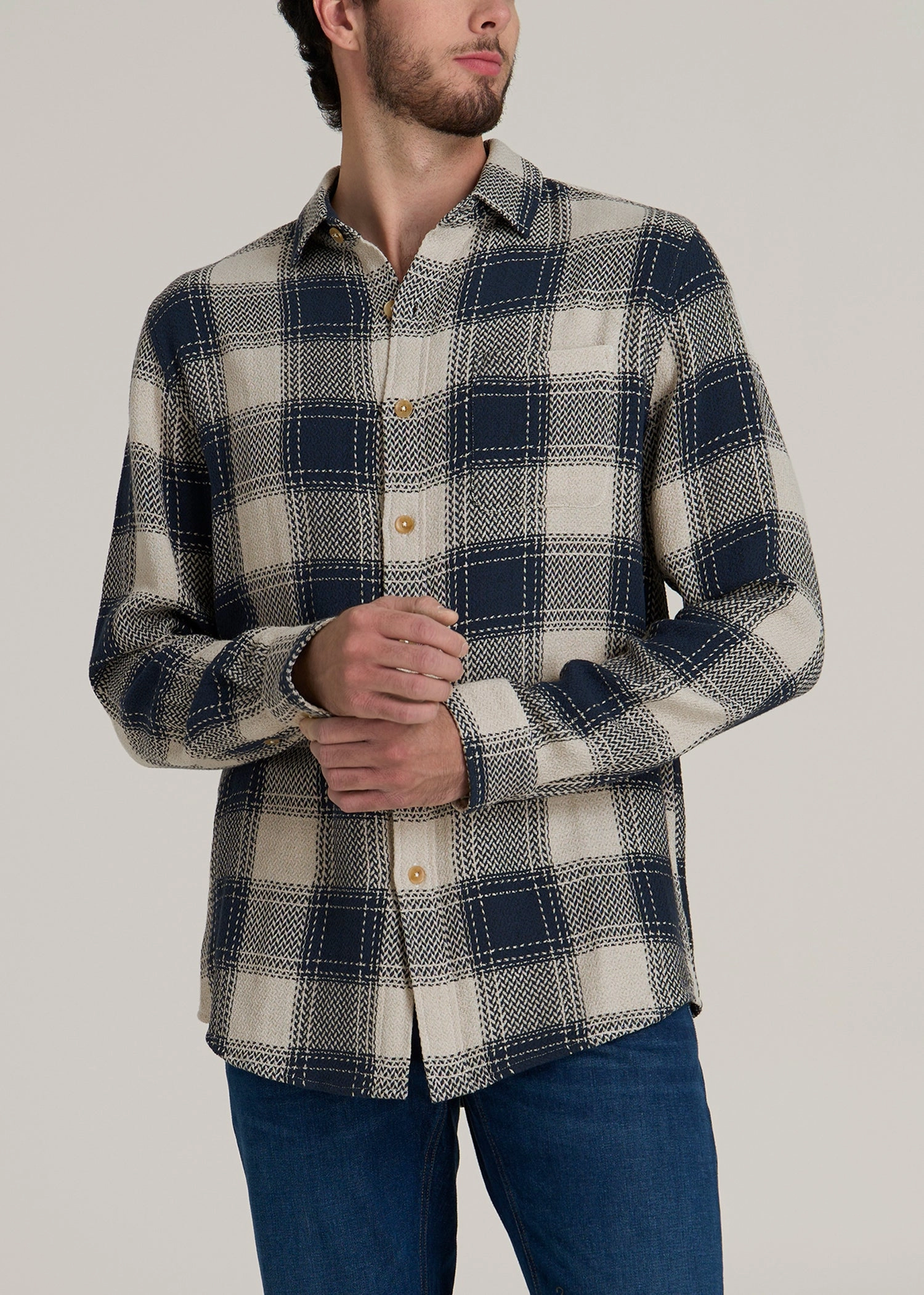 Lightweight Woven Overshirt for Tall Men in Navy and Beige Plaid Contemporary Cut