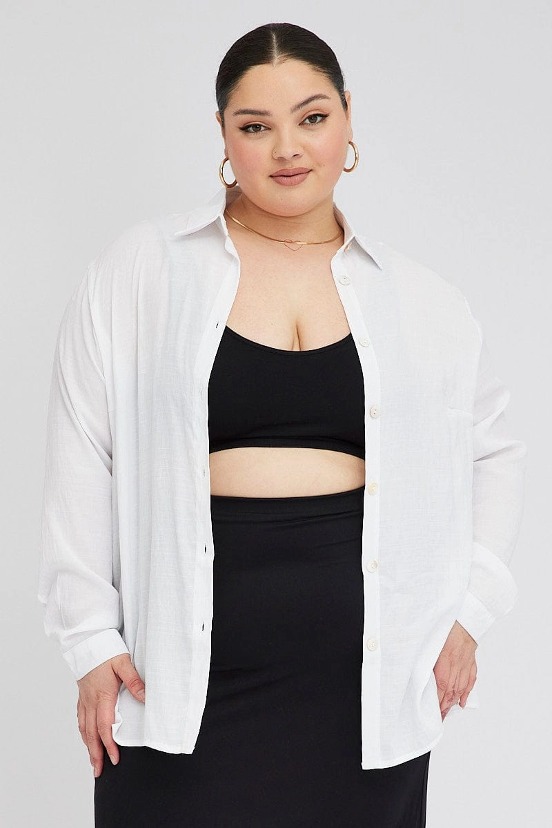 White Relaxed Shirt Long Sleeve Non Irritating Seams Seamless Shoulder Construction