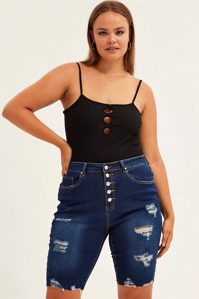 Fit Flexibility Blue Knee Length Denim Shorts High Rise 5 Buttons