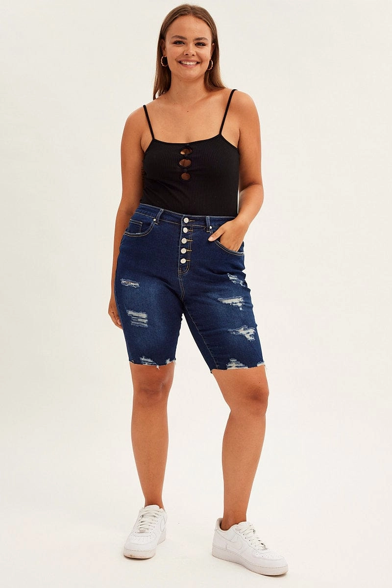 Blue Knee Length Denim Shorts High Rise 5 Buttons Lace trim