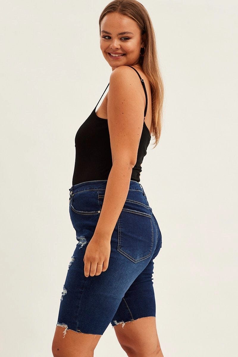 Blue Knee Length Denim Shorts High Rise 5 Buttons Luxury Brand On Trend