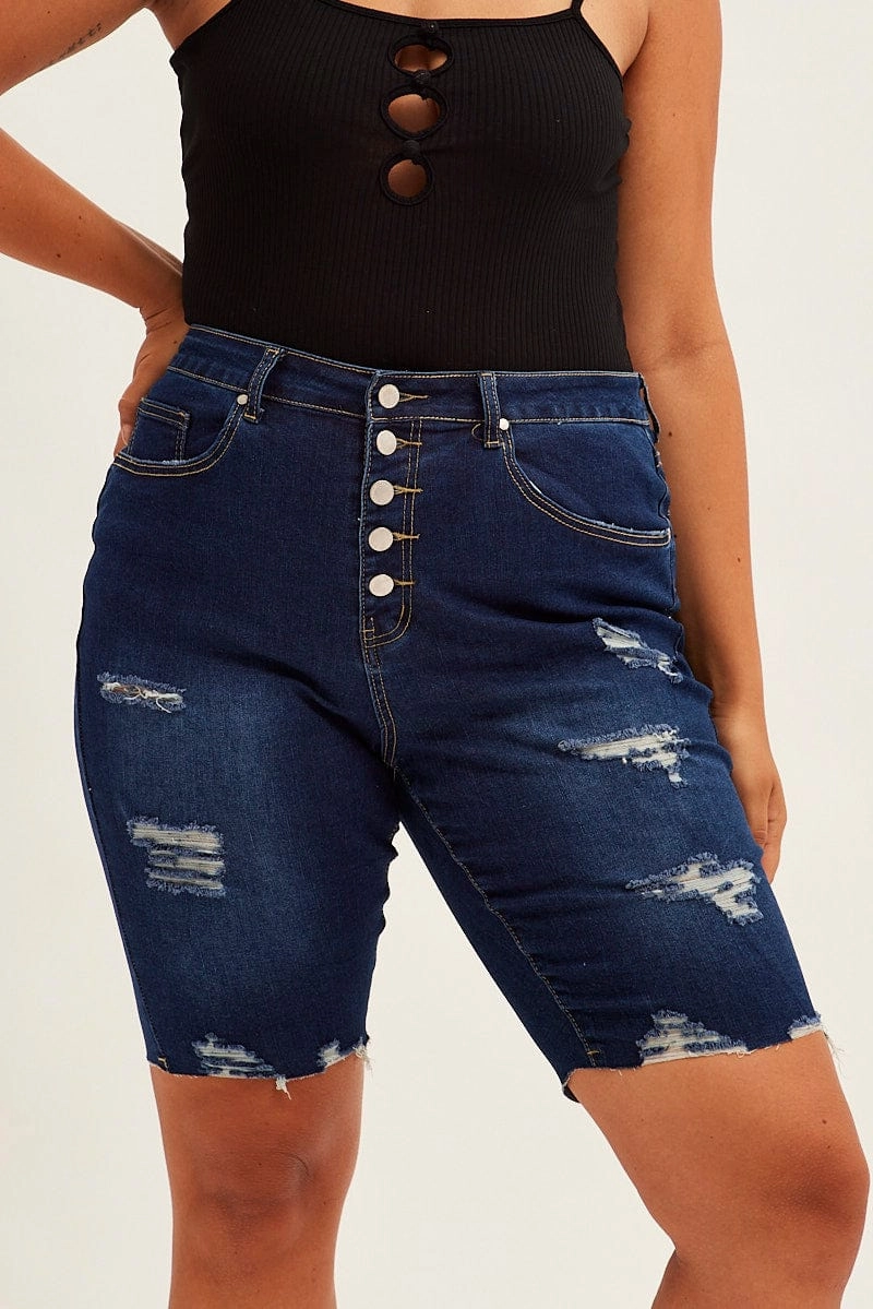 Secure Closure System Anti Snag Fabric Blue Knee Length Denim Shorts High Rise 5 Buttons