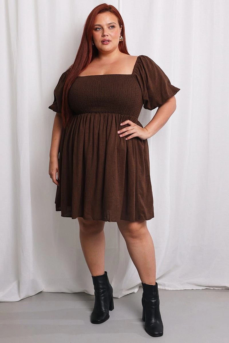 Brown Puff Sleeve Shirred Linen Blend Minidress Whimsical Mood Cozy Vibe
