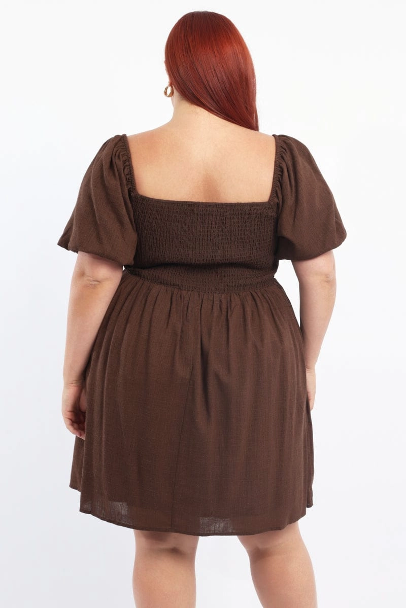 EasyCareMaterial Brown Puff Sleeve Shirred Linen Blend Minidress