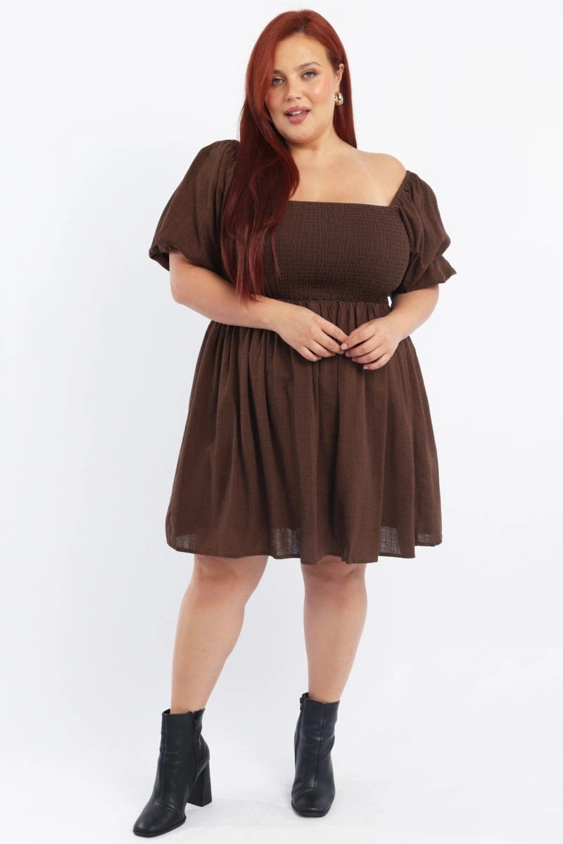 Brown Puff Sleeve Shirred Linen Blend Minidress Perfect Proportion