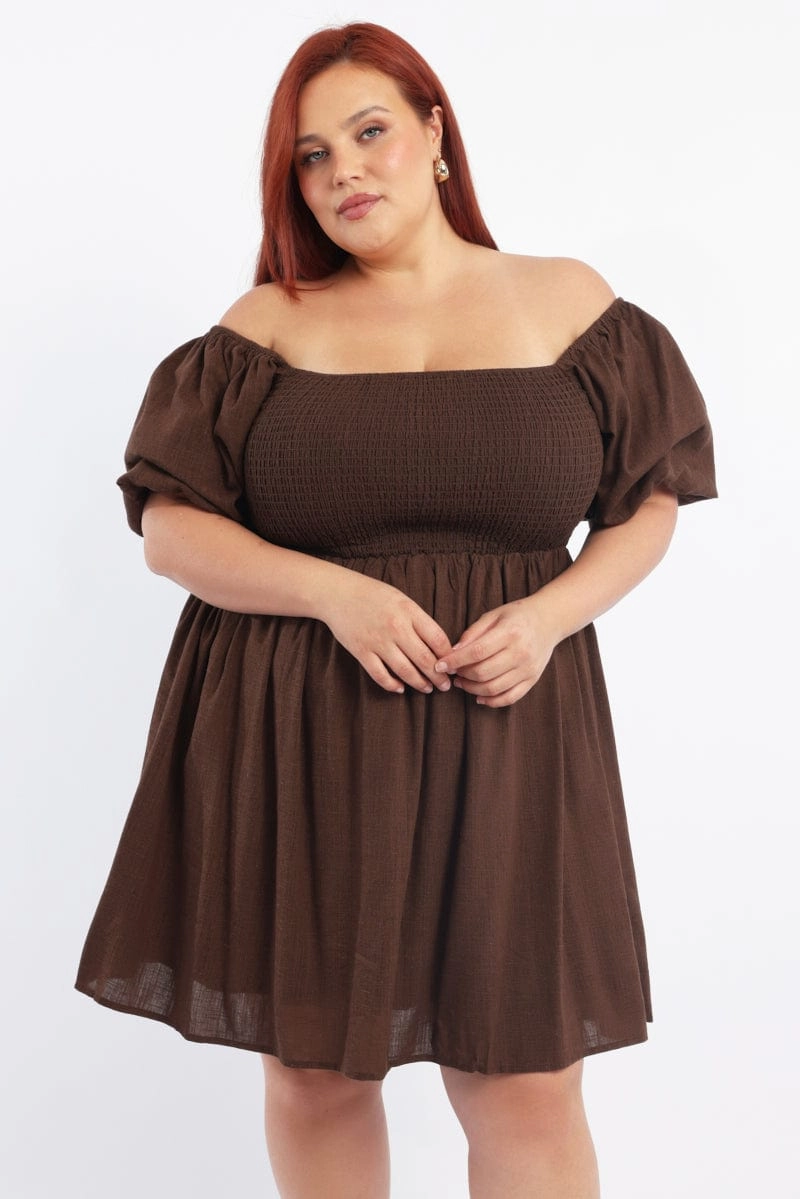 Side-Slit Ready Anytime Brown Puff Sleeve Shirred Linen Blend Minidress