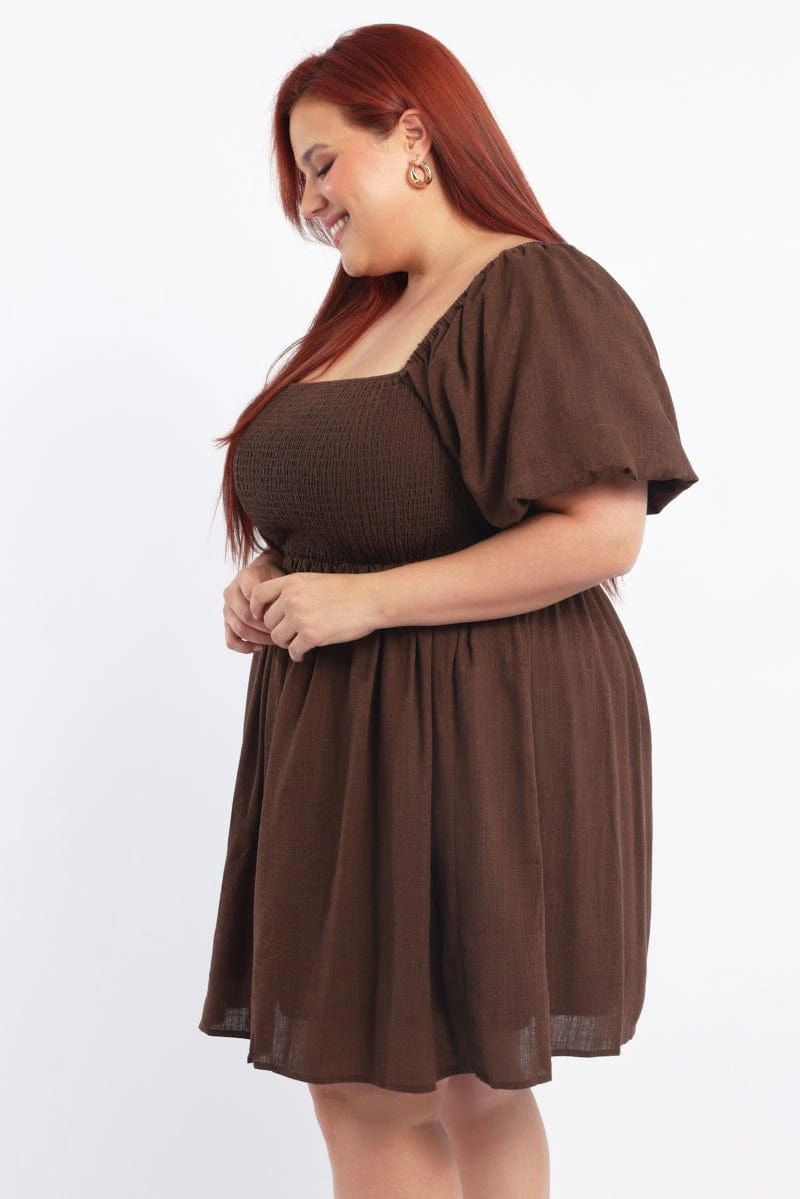 Front-Slit Layered Comfort Brown Puff Sleeve Shirred Linen Blend Minidress