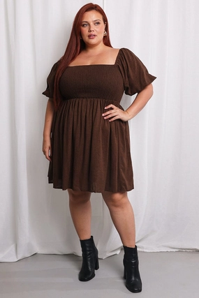 Brown Puff Sleeve Shirred Linen Blend Minidress Whimsical Mood Cozy Vibe