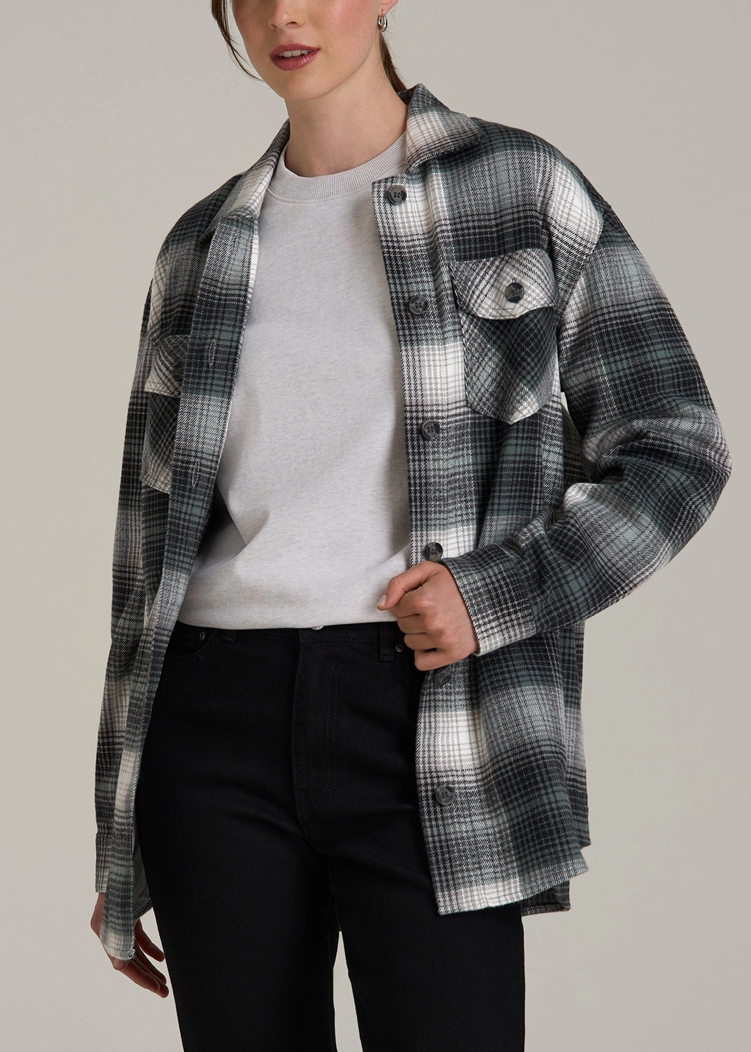 Flannel Shacket for Tall Women in Balsam Green Plaid Crisp Clean Fit Soft Interior Brushing