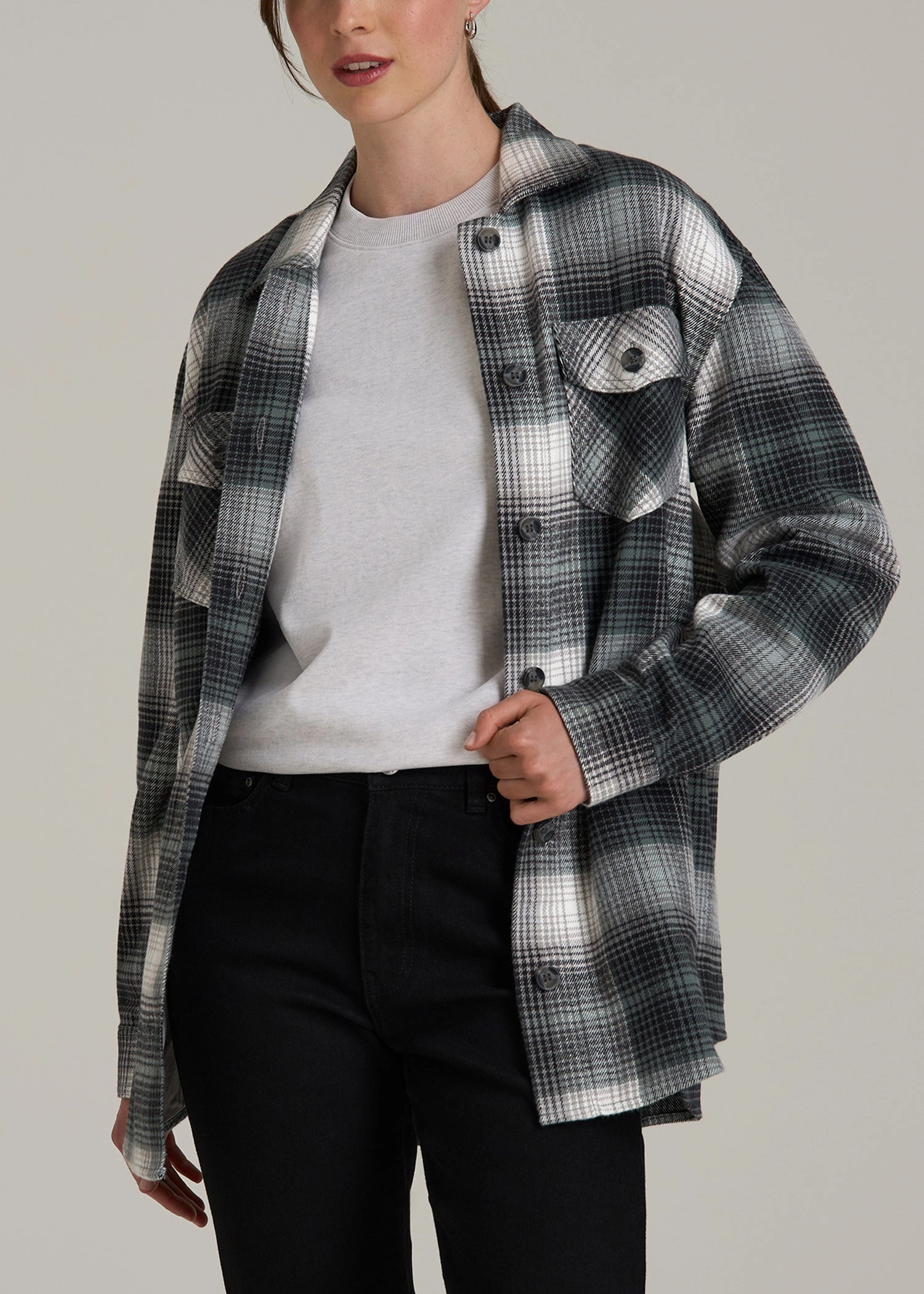 Flannel Shacket for Tall Women in Balsam Green Plaid Elastic cuffs