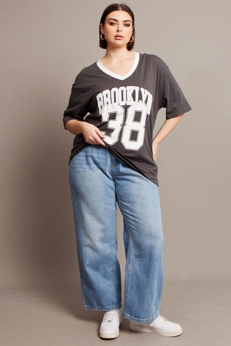 Grey Oversized T-shirt Short Sleeve V-Neck Sleek Waist Customizable