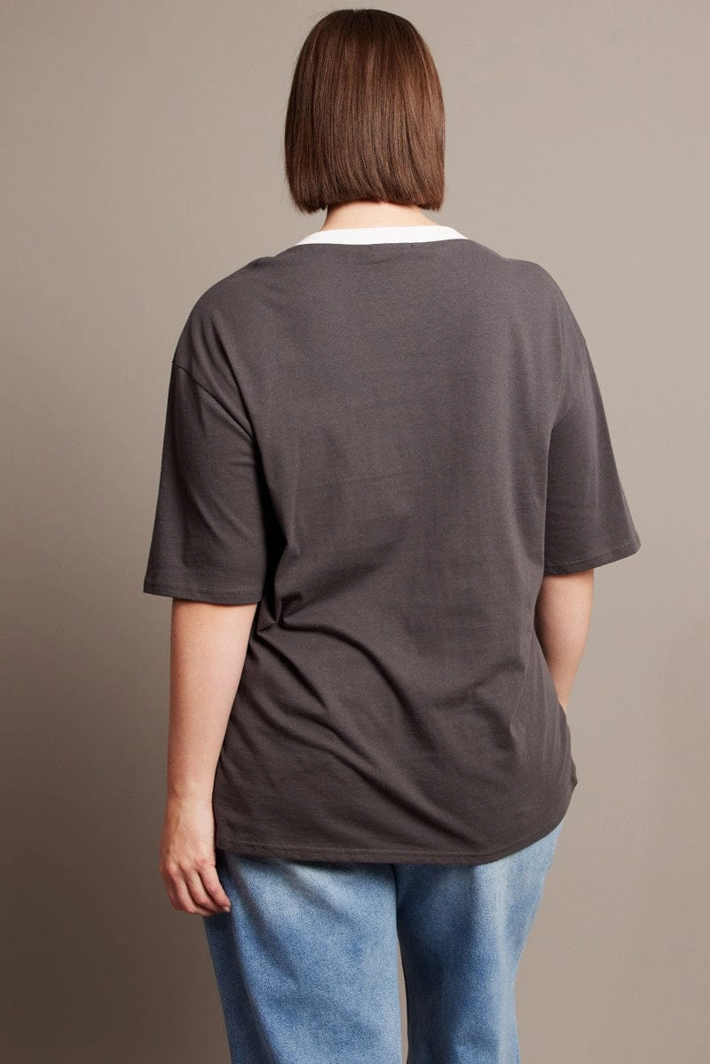 Comfortable Style EasyCareFabric Grey Oversized T-shirt Short Sleeve V-Neck
