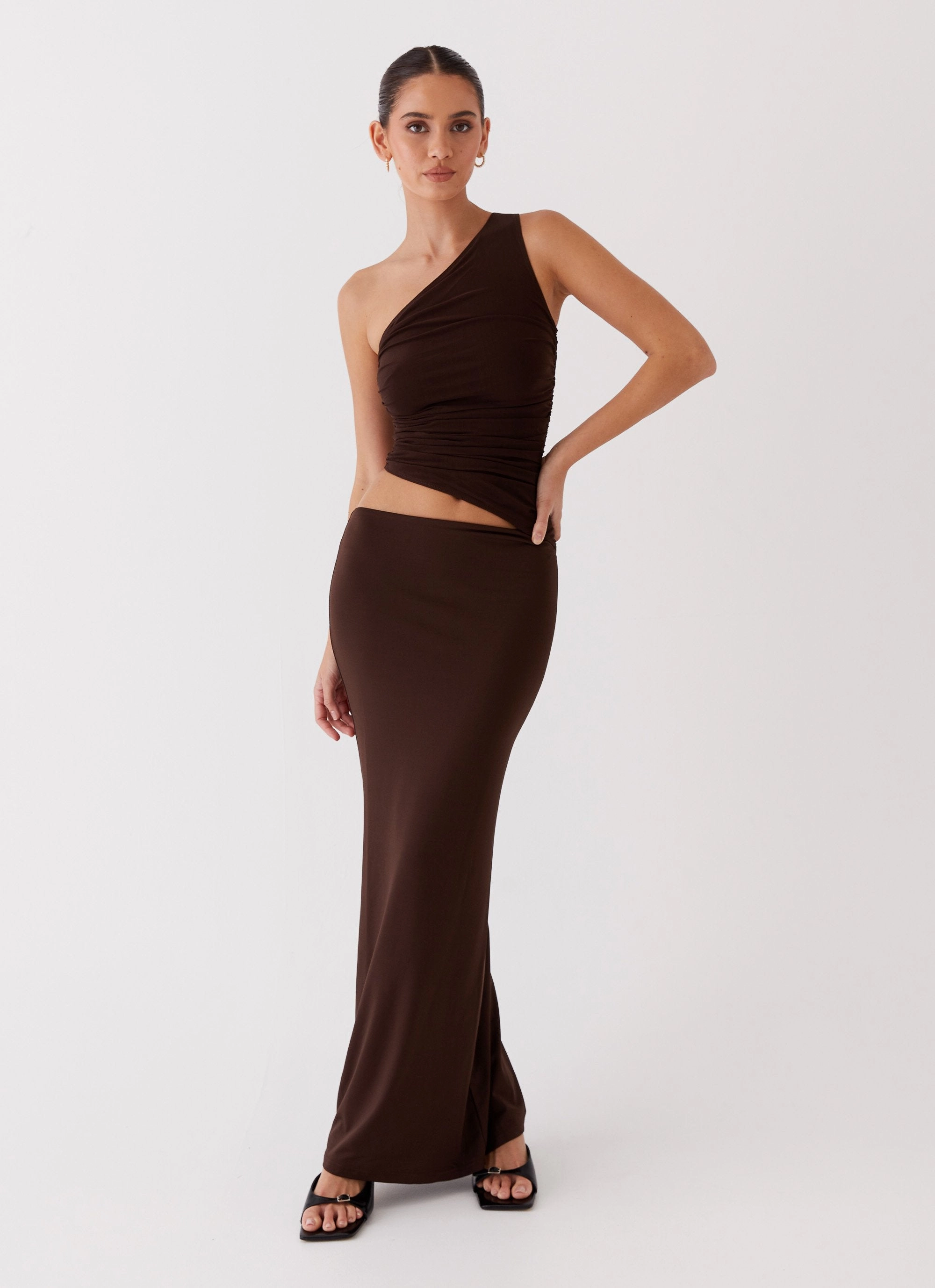 Seranella One Shoulder Maxi Dress - Chocolate Urban Chic Relaxed-fit maxi dress