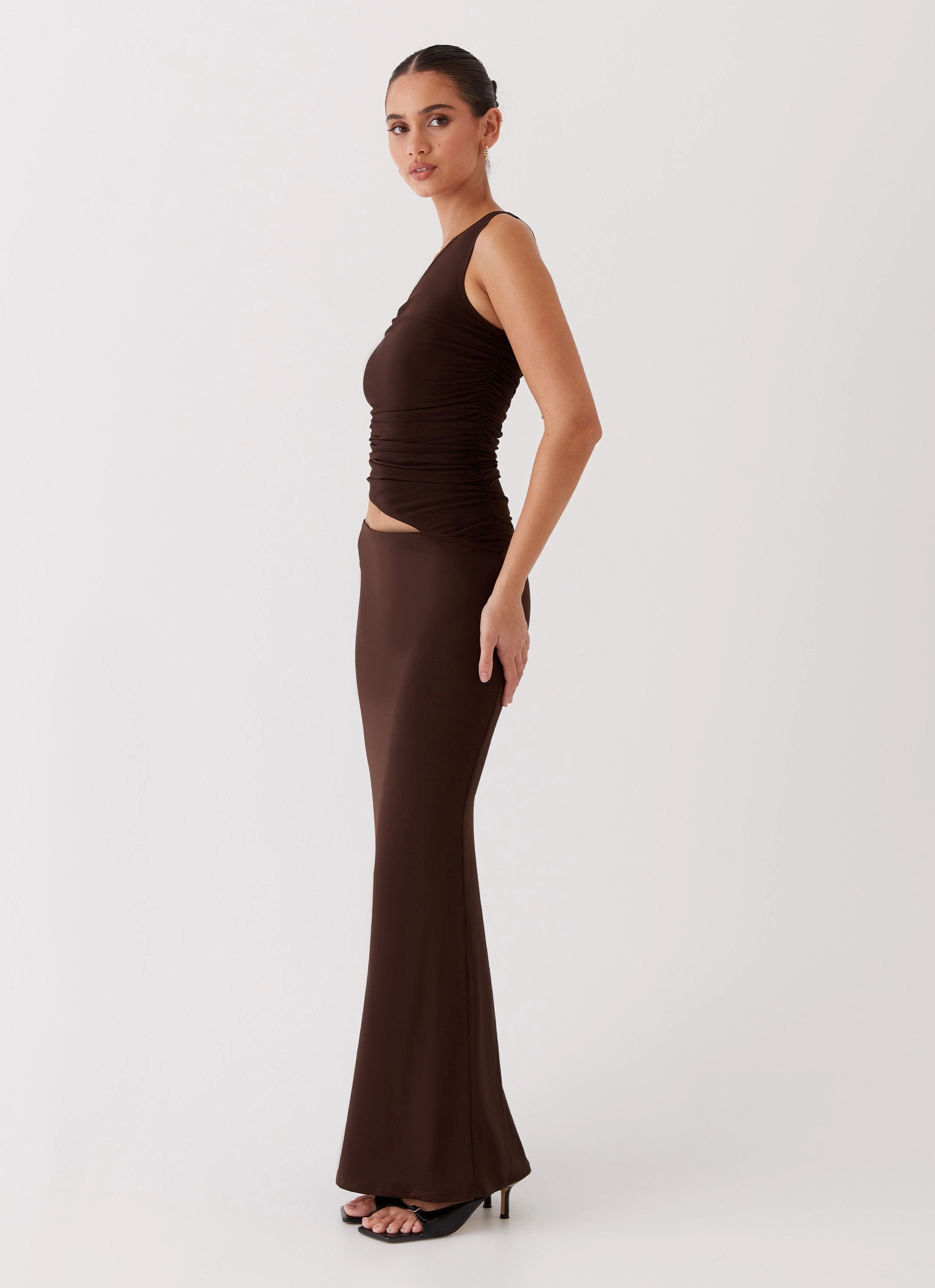 Seranella One Shoulder Maxi Dress - Chocolate Fall Fashion