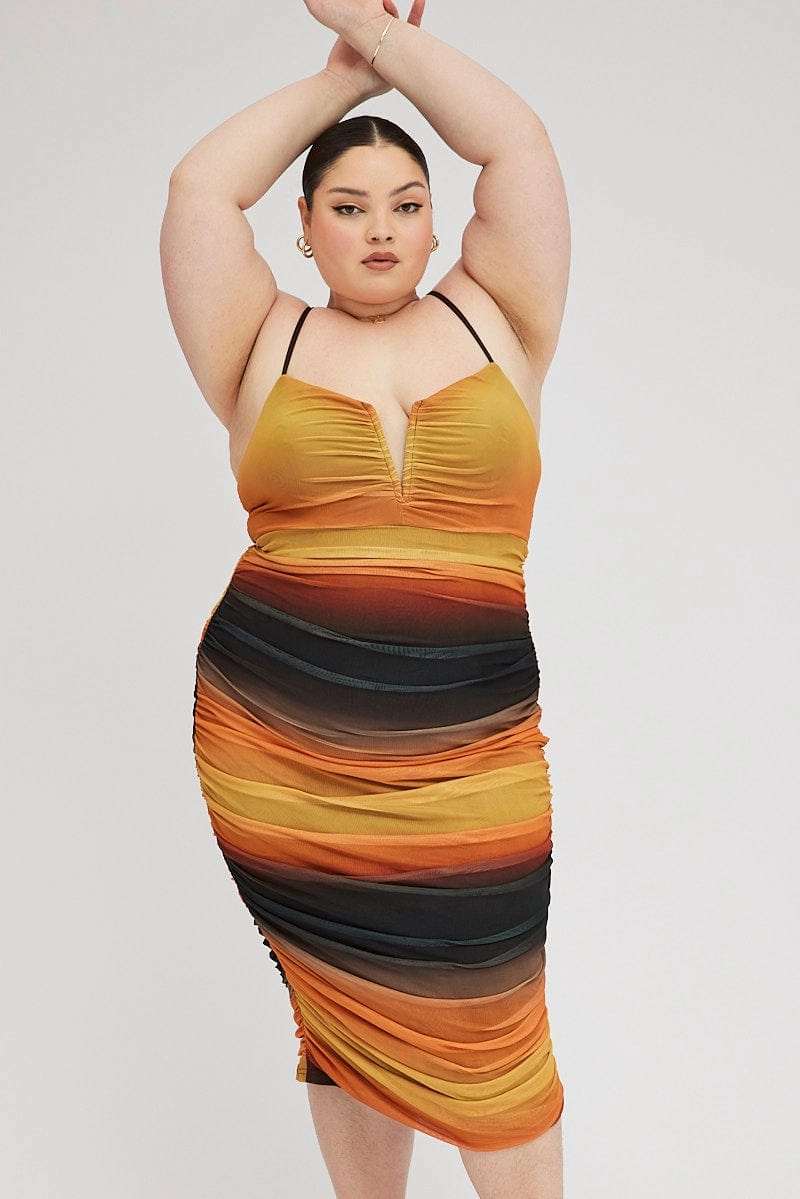 Bold Structure Easy Tones Multi Abstract Bodycon Dress Mesh Ruched Sunset Print Strappy